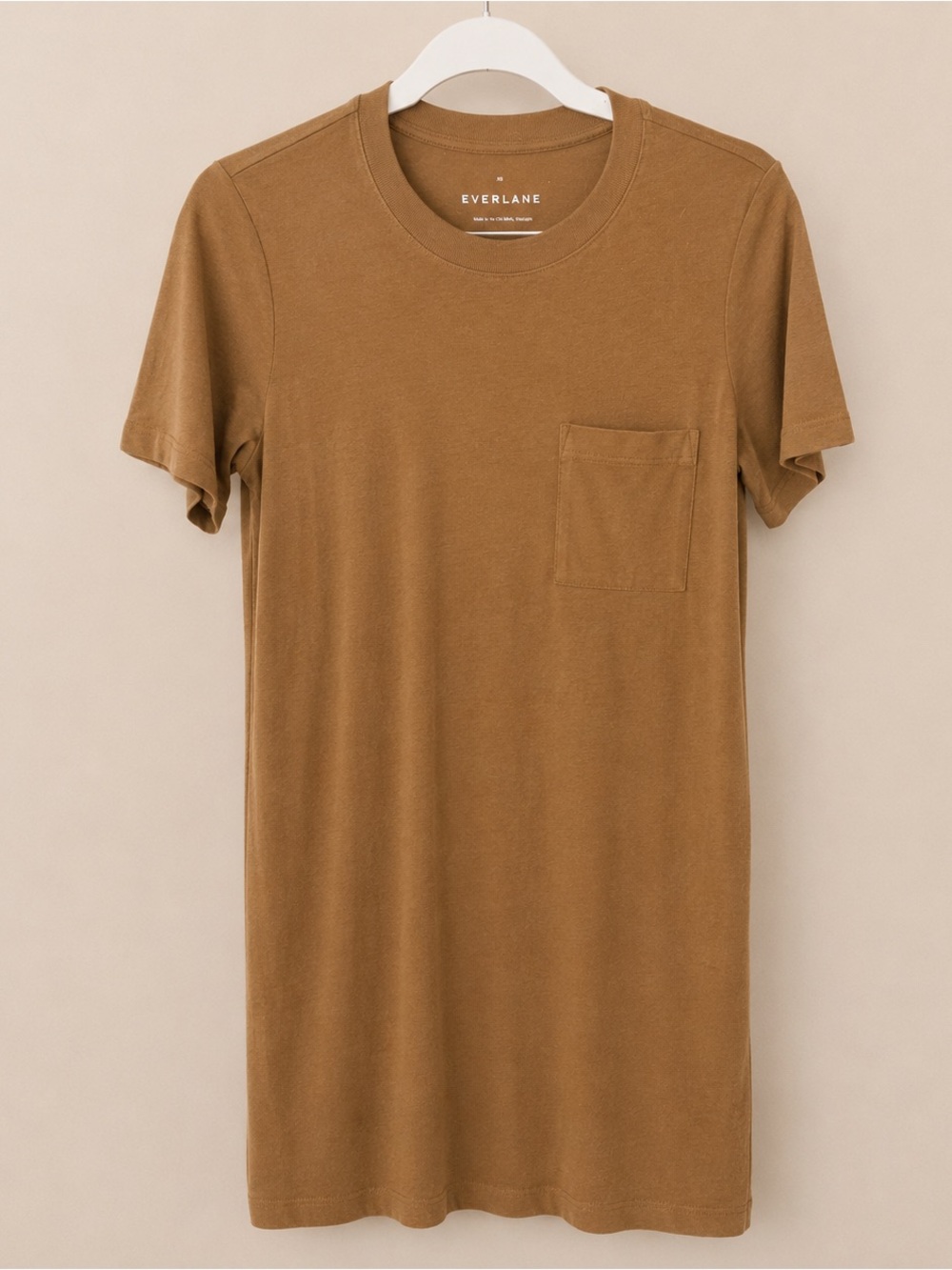 Everlane Pocket T-Shirt Dress XS Camel Brown Organic Cotton Minimalist